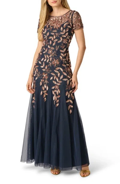 Adrianna Papell Floral Embroidered Beaded Trumpet Gown In Navy/rosegold
