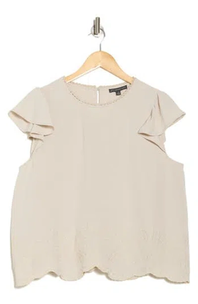 Adrianna Papell Floral Embroidered Flutter Sleeve Top In Bamboo Wood