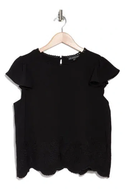 Adrianna Papell Floral Embroidered Flutter Sleeve Top In Black