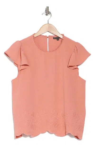 Adrianna Papell Floral Embroidered Flutter Sleeve Top In Desert Rose