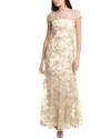 Adrianna Papell Floral Embroidered Godet Gown In Brown