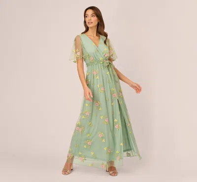 Adrianna Papell Floral Embroidered Maxi Dress With Sheer Flutter Sleeves In Sage Multi In Green