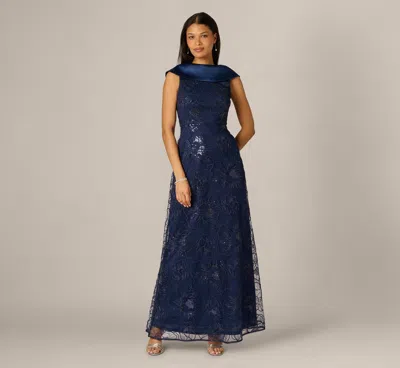 Adrianna Papell Floral Embroidered Satin Roll Collar Gown In Midnight In Blue