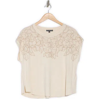 Adrianna Papell Floral Embroidered Short Sleeve T-shirt In Barley
