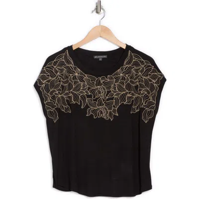 Adrianna Papell Floral Embroidered Short Sleeve T-shirt In Black