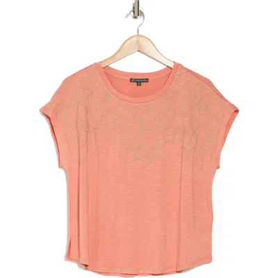 Adrianna Papell Floral Embroidered Short Sleeve T-shirt In Desert Rose