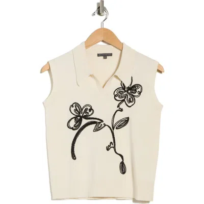 Adrianna Papell Sleeveless Floral Embroidered Polo Sweater In Cream Black In Multi