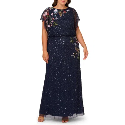 Adrianna Papell Floral Embroidery & Sequin Mesh Mermaid Gown In Blue