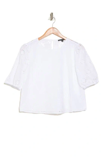 Adrianna Papell Floral Eyelet Puff Sleeve Crop Top In White
