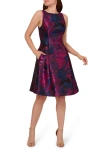 Adrianna Papell Floral Jacquard Back Cutout Cocktail Dress In Navy/ Orchid