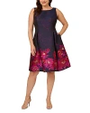 Adrianna Papell Plus Size Jacquard Fit & Flare Dress In Navy/pink Multi
