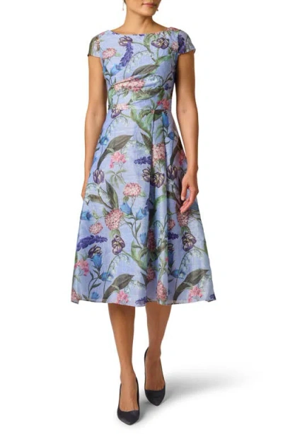Adrianna Papell Cap Sleeve Floral Jacquard A Line Midi Dress In Blue Multi