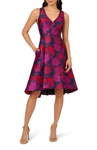Adrianna Papell Floral Jacquard High-low Dress In Navy Multi