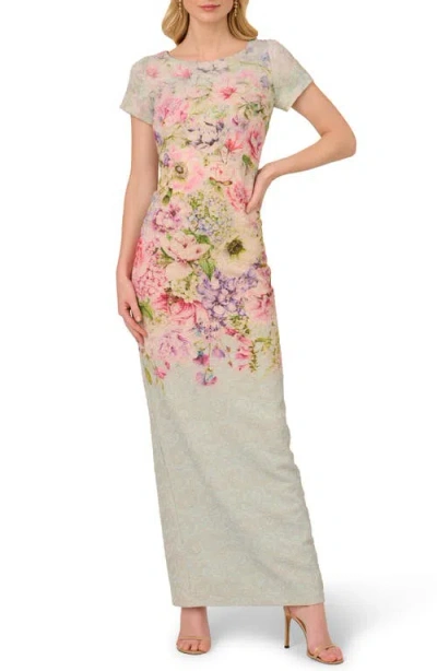 Adrianna Papell Floral Jacquard Metallic Matelasse Column Gown In Blue Multi