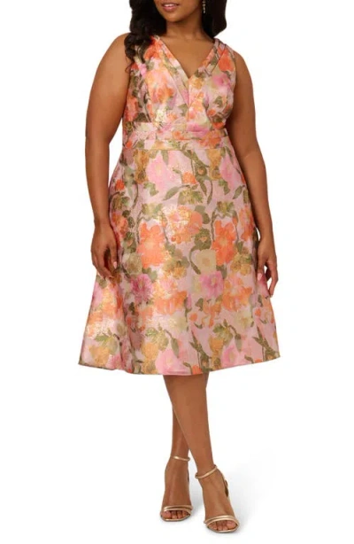 Adrianna Papell Floral Jacquard Midi Cocktail Dress In Yellow/orange Multi