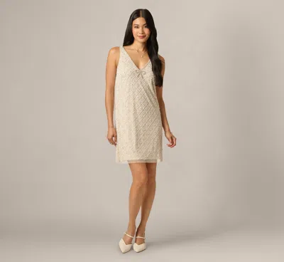 Adrianna Papell Floral Lattice Beaded Bow Trim Shift Dress In Ivory Pearl In Neutral