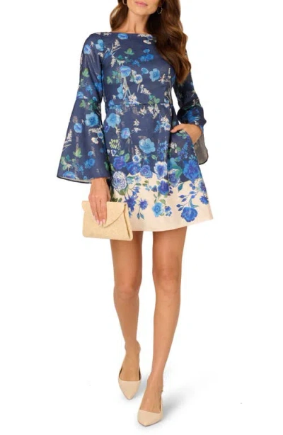 Adrianna Papell Floral Long Sleeve Fit & Flare Minidress In Blue