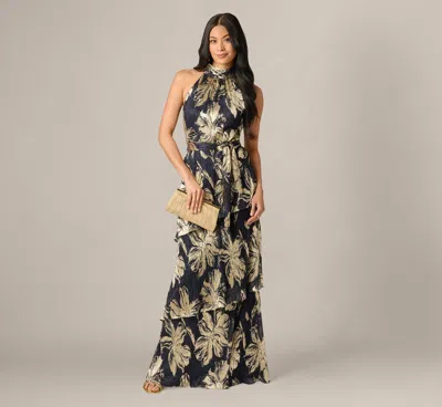 Adrianna Papell Floral Metallic Chiffon Tiered Halter Gown In Navy Gold In Multi