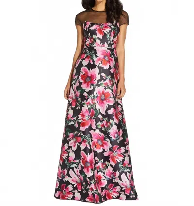 Adrianna Papell Floral Micado Dress In Black / Pink In Multi