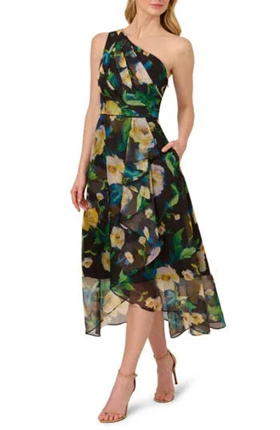 Adrianna Papell High Low Dress In Black Yellow Multi