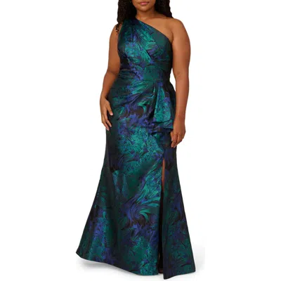 Adrianna Papell Floral One-shoulder Jacquard Mermaid Gown In Cobalt,teal
