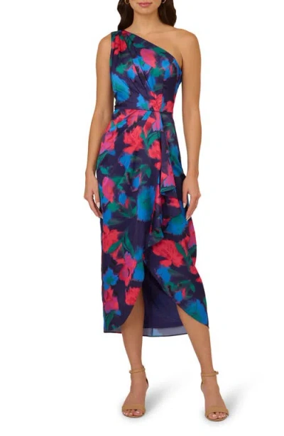 Adrianna Papell Floral One-shoulder Satin Sheath Dress In Blue Multi