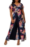 Adrianna Papell Floral Overlay Chiffon Jumpsuit In Navy Multi