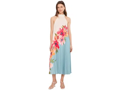 Adrianna Papell Pleated Chiffon Floral Color Block Midi Trapeze Dress In Blue Multi