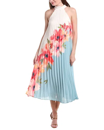 Adrianna Papell Pleated Chiffon Floral Color Block Midi Trapeze Dress In Blue Multi