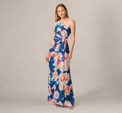 Adrianna Papell Floral Print Chiffon Gown With One Shoulder Neckline In Navy Blush In Blue