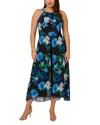 Adrianna Papell Plus Size Floral-print Halter Jumpsuit In Black Multi