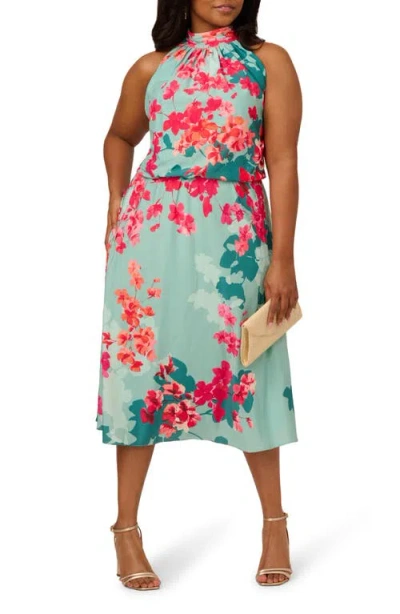 Adrianna Papell Floral Print Halter Neck Midi Dress In Turquoise Multi