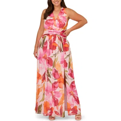 Adrianna Papell Floral Print Sleeveless Chiffon Gown In Pink