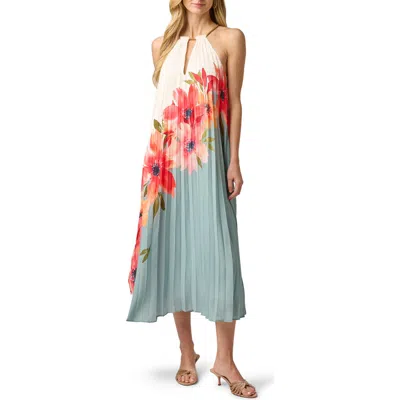 Adrianna Papell Pleated Chiffon Floral Color Block Midi Trapeze Dress In Blue Multi