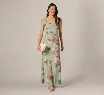 Adrianna Papell Floral Print Stretch Mesh Ruched Gown In Sage Multi
