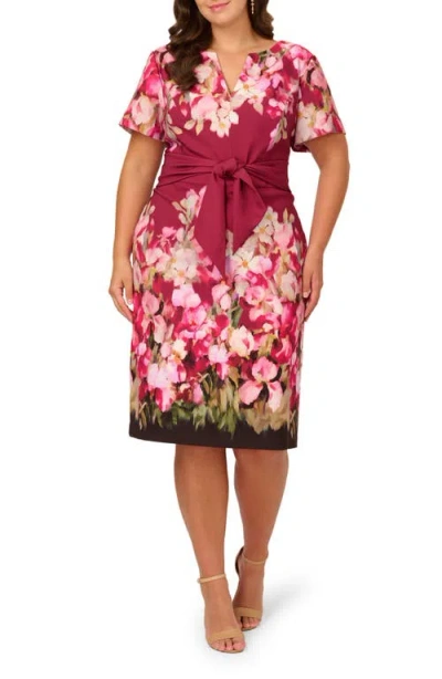 ADRIANNA PAPELL ADRIANNA PAPELL FLORAL PRINT TIE FRONT STRETCH TWILL SHEATH DRESS
