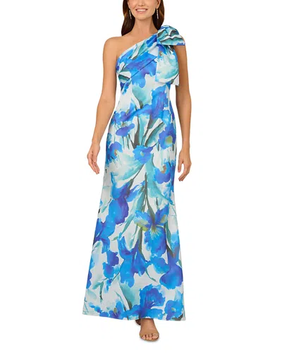 Adrianna Papell Floral Printed Scuba Gown In Blue Multi