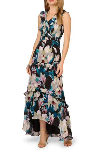 Adrianna Papell Floral Ruffle Chiffon Evening Gown