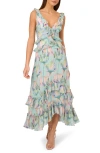 Adrianna Papell Floral Ruffle Detail Handkerchief Hem Midi Dress In Mint Multi