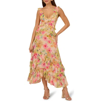 Adrianna Papell Floral Ruffle Trim Chiffon Dress In Multi