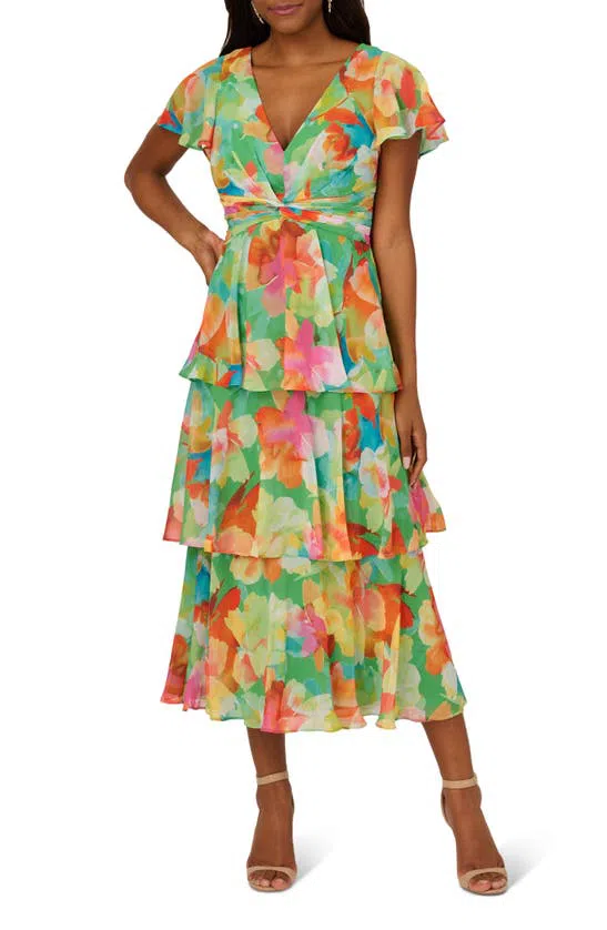 Adrianna Papell Women's Floral Chiffon Dress - Flutter Sleeves, V-Neck, Floor Length - View #8