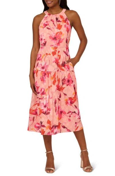 Adrianna Papell Floral Tiered Midi Dress In Apricot Multi