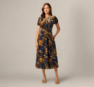 Adrianna Papell Floral Velvet Sophia Midi Dress In Navy Mustard In Multi