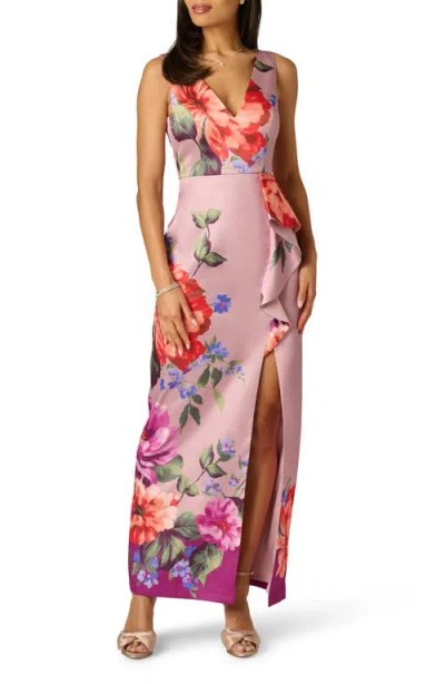 Adrianna Papell Floral Waterfall Ruffle Mikado Gown In Pink