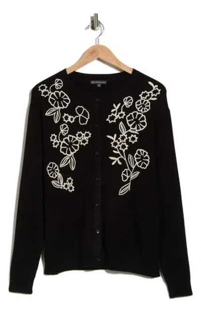 Adrianna Papell Flower Appliqué Cardigan In Black