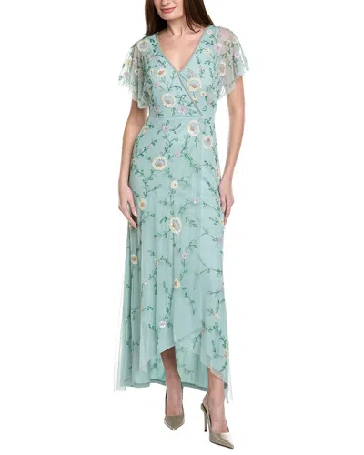Adrianna Papell Flutter Sleeve Beaded Wrap Dress In Aqua Dust In Green