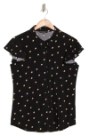 Adrianna Papell Flutter Sleeve Button-up Shirt In Black/ Khaki Double Dot