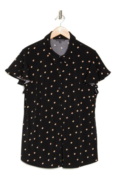 Adrianna Papell Flutter Sleeve Button-up Shirt In Black Khaki Double Dot