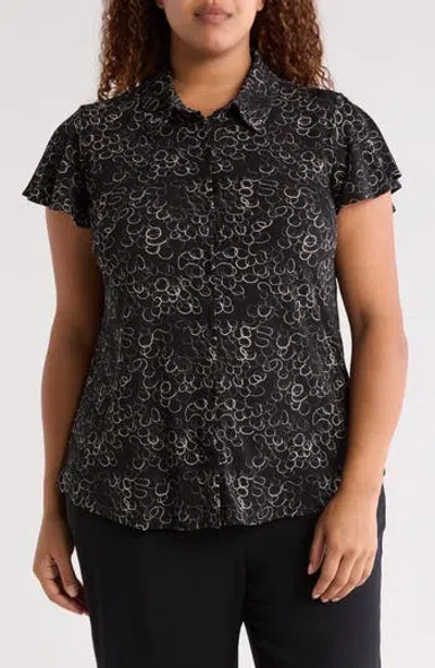 Adrianna Papell Flutter Sleeve Button-up Shirt In Black