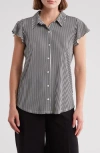 Adrianna Papell Flutter Sleeve Button-up Shirt In Black/ivory Small Stripe